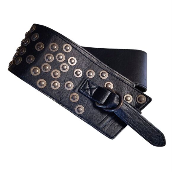 VTG Y2K Black Faux Leather Studded 3" Wide Grunge Belt Size Medium - Picture 9 of 15